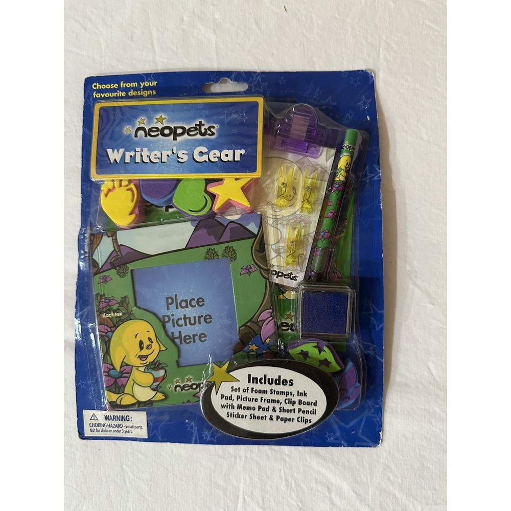 2004 Neopets Writer's‎ Gear Picture Frame Stamps Sticker Pencil ~ New ~ Sealed